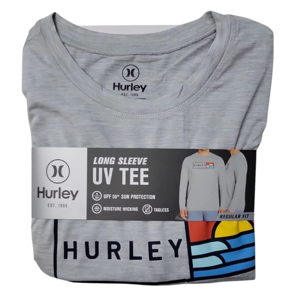 Men’s rash, guard Hurley Heather Gray Tee with Sunset Graphic